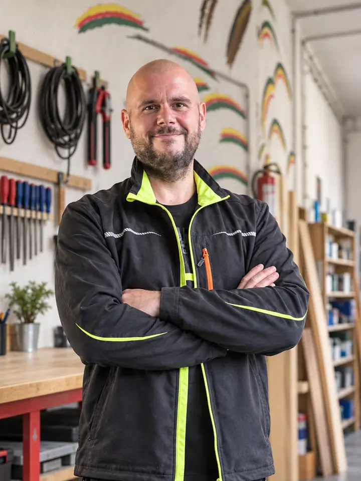 Timo Winkler mit verschränkten Armen in seiner Werkstatt